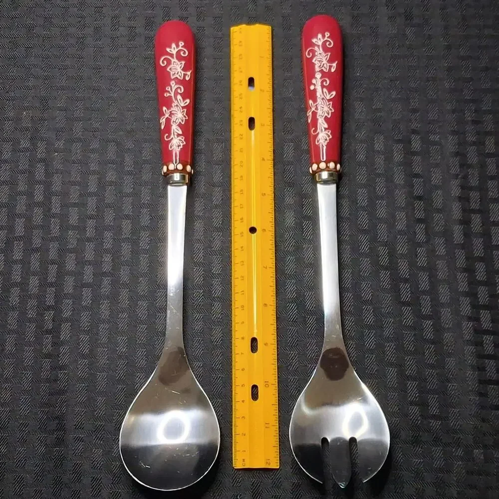 Temp-tations Ceramic Floral Lace Red Salad Serving Utensil Set Fork Spoon
